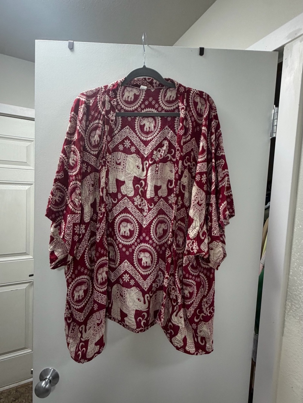 Open-Front Elephant Print Tunic Kimono - Burgundy/Cream